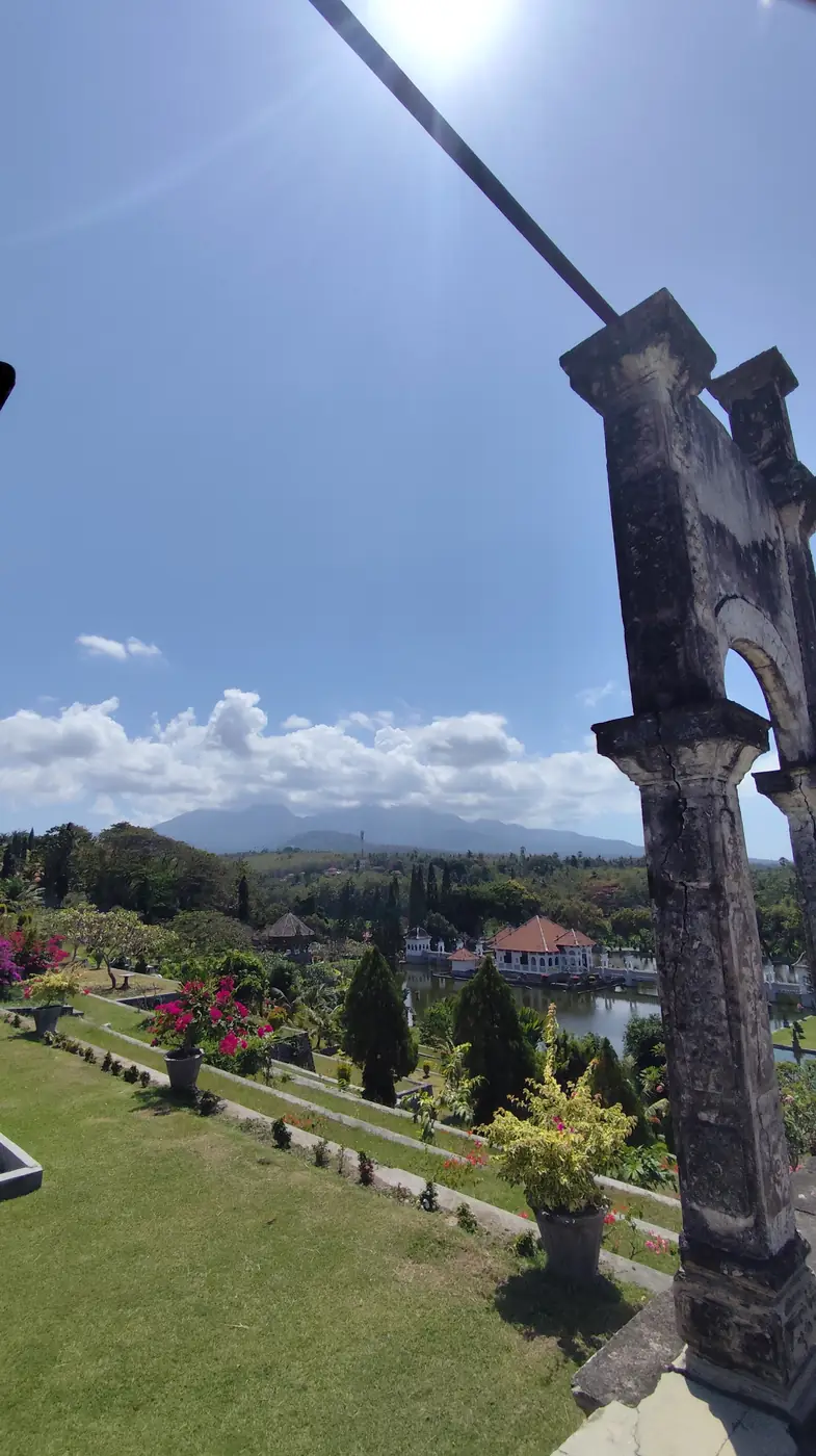 Mount Agung seen from the archway at Taman Ujung Water Palace